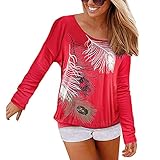 Vthereal Damen Pullover Oversize Langarmshirt Casual Sweatshirt Tunika Langarm Tops mit Druck Feder,Rot,M