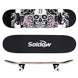 Skateboard Erwachsene 31x8 Zoll für Anfänger, Soldow 7-lagigem Kanadischem Ahornholz Cruiser Skateboard Komplett für Kinder Jugendliche, Skelett Totenkopf Double Kick Deck Concave Skateb