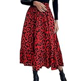 LSFYSZD Damen Leopard Blumen Print Röcke Elastische Hohe Taille A Linie Rüschen Rock Midi Casual Rock, rot, 36