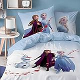 CTI Frozen 2 · Bettwäsche-Set Disney`s die Eiskönigin 135x200cm + 80x80cm · Anna, ELSA & Olaf Mädchen-Bettwäsche - 100% Baumw