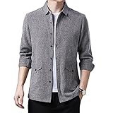 Große Größe Herren Hemd Langarm Freizeit Reguläre Version Fit Leichte Atmungsaktives Bequem Baumwolle Leinen Einfarbig Revers Strickjacke Shirt Top,Grau,L