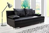 lifestyle4living Schlafsofa in Schwarz | Sofa mit Bettkasten aus Kunstleder | Funktionssofa inkl. 2 Rückenkissen und 2 Armlehnk