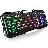 Gaming Tastatur Kabelgebunden, Rainbow LED Beleuchtete Tastatur mit Handy Halter, Leiser Tastenanschlag, 19 Schlüssel Anti-Ghosting, Robust Metal Frame, Deutsche Layout Kompakte Tastatur für PC G