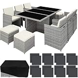 TecTake 800855 Aluminium Poly Rattan Sitzgruppe 6+1+4, klappbar, für bis zu 10 Personen, inkl. Schutzhülle und Edelstahlschrauben (Hellgrau | Nr. 403641)