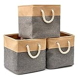 EZOWare 3er-Set Faltbare Stoff Aufbewahrungsbox aus Leinen, Aufbewahrungskörbe mit Griffen für Schrank, Kinderzimmer, Spielzeug, 33 x 33 x 33 cm / Grau und Beig