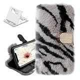 Yewos Leopard Hülle Kompatibel mit iPhone 13 Pro Max,Plüsch Pelz Flip Brieftasche Handyhülle,Weich Hase Süße Winter Warm Flauschig Schutzhülle mit Handgefertigt Glitzer Strass,G