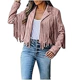 vijTIAN difine Lederjacke Damen Kurz Fransen Wildlederjacke Übergangsjacke Herbst-Winter Mode Streetstyle Motorradjacke Fahrradjacke Langarm Einfarbig Revers Sweatjacke Windjacke M