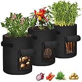 YRHome 3 Stück Pflanztasche Kartoffeln Pflanzen Tasche 10 Gallonen Pflanzsack Kartoffelsack Pflanzbeutel Vliesstoff Tomaten Pflanztopf mit Klettfenster Griffen für Blumen Kartoffeln Pflanzen Schw