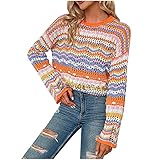 DUQIU Gestreifter Pullover Frauen Rundhalsausschnitt Langarm Pullover Casual Boho Strickpullover Sexy Hohl Strickpullover Pullover Täg