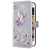 Uposao Kompatibel mit iPhone 5S / iPhone SE Hülle Schmetterling Blume Diamant Strass Bling Glitzer Handy Hülle Leder Wallet Schutzhülle Brieftasche Hülle Klapphülle Tasche Kartenfächer,Silb