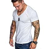 T-Shirt Herren Kurzarm Basic V-Ausschnitt Einfarbig Herren Shirt Atmungsaktiv Stretch Moderner Herren Freizeitshirt Slim Fit Stretch Wicking Herren Muskelshirt F-White L