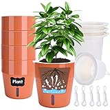 Colmanda Selbstwässernder Blumentopf 14cm, 5 Stück Kräutertopf Küche Set mit Bewässerungs-System Pflanzentopf, Kunststoff Rund Lazy Pflanzer Küchenkräuter übertöpfe für Zimmerpflanzen, Terrak