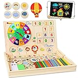 lenbest Montessori Mathe Spielzeug, Magnetische Holz Lernbox, Uhr&Tiere Holzpuzzle, Jahreszeiten, Wetter, Zahlen Pädagogische Spielzeug, Spielzeug Gekritzel Zeichnung Tafel für Kinder 3 4 5 J