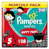 Pampers Windeln Pants Größe 5 (12-17kg) Baby Dry, 108 Höschenwindeln, MONATSBOX, Superhelden, Einfaches An- und Ausziehen, Zuverlässige Trock