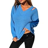 ADDZYY Pullover Damen Elegant V-Ausschnitt Strickpullover Mode Einfarbig Sweater Tops Casual Lose Pulli Langarm Jumper Oberteile Damen Casual Langarm Loser Patchwork Pullover Strick