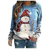 Damen Sweatshirt Weihnachten Pullover Schneemann Schneeflocke Drucken T Shirt Herbst Winter Pulli Langarm Rundhals Weihnachtspullover Bluse Oberteile Lockere Täglich Sport Tops (L, Blau)
