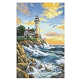 XIAOFANG Top-Qualität Schönes schönes gezähltes Kreuzstich-Kit Das Leuchtturm-Lichthaus am Küstenhafen am Meer (Cross Stitch Fabric CT Number : 18CT Counted Canvas)