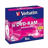 Verbatim DVD-RAM 4.7GB I 5er Jewel Case I DVD Rohlinge beschreibbar I 3-fache Brenngeschwindigkeit & Hardcoat Scratch Guard I DVD leer I Rohlinge DVD wiederbeschreibbar I DVD rewritab