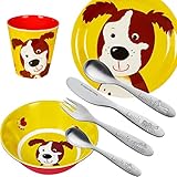 Sterngraf Kinderset Hund 7tlg. MIT Gravur (z.B. Namen) personalisiertes Kinderbesteck Tiere mit Namensgravur + Kindergeschirr (Teller, Becher, Schale)
