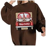 Merry Christmas Pullover für Damen, langärmelig, Weihnachts-T-Shirt, niedlicher Zwerg, Auto-Druck, lässiger Rundhalsausschnitt, solides Sweatshirt, coffee, 48