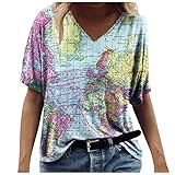 YunYoud T-Shirt Damen Oversized Mode Lose V Ausschnitt Kurzarm Tshirt Sommer Oberteile Vintage Drucken Bluse Streetwear Sport Weltkarte Drucken Sweatshirt Teenager Mädchen Tunika Lang Tops T