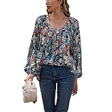 LYAZFC Damen Frühling und Sommer locker lässiges kleines Blumendruck Langarmshirt mit V