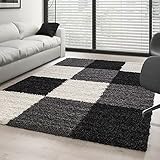 Teppich Hochflor Langflor Wohnzimmer günstig Shaggy kariert Schwarz Weiss Grau - 160x230