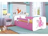 Bjird Kinderbett Jugendbett 70x140 80x160 80x180 Rosa mit Rausfallschutz Schublade und Lattenrost Kinderbetten für Mädchen - Prinzessin auf dem Pony 180