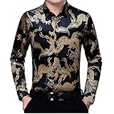 Männer chinesischer Drachengold-Druck Samt-Shirts Slim Fit Velor-Kleid Hemden Casual Komfortables Chemise Black 3XL
