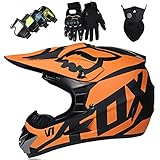 KILCVEM Motocross Helm - Kinder Motorrad Cross Helm - Fullface Offroad Motorradhelm Schutzhelm Unisex MTB BMX Downhill Fahrrad Helm mit Fox Design - Matt Schwarzes Orange,XL