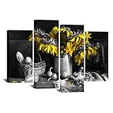 iKNOW FOTO Leinwand-Wandkunst für Wohnzimmer, Dekoration, 4-teilig, Sonnenblumen-Motiv, Schwarz und Weiß / Gelb
