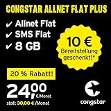 congstar Allnet Flat Plus, SIM, Micro-SIM und Nano-SIM, 24 Monate Laufzeit (24,00 Euro/Monat, 8 GB Datenflat mit max. 25 Mbit/s, Allnet Flat und SMS Flat) in bester D-Netz-Q