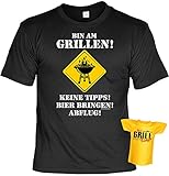 Spaß-Shirt inkl. Mini-Shirt/Geschenk-Set: Bin am Grillen! Keine Tipps! Bier bringen. - Grill-Shirt inkl. Flaschendek