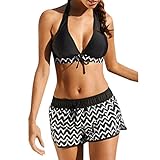 Zebin Zweiteiliger Badeanzug für Damen, große Größen, hohe Taille, mit gewelltem Druck, zweiteiliger Badeanzug für Meer, Strand, Pool, Urlaub, Schwarz , XL