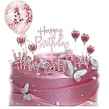 XinYang Tortendeko Rosegold Happy Birthday Kerzen Geburtstag Dekoration Konfetti Luftballon Herz Cake Kerze Kuchendeko Geburstagstorte Deko für Mädchen F