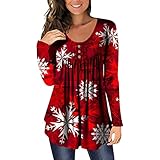 TRIGLICOLEUM Weihnachtspullover Damen Kariertes Hemd mit Schneeflocken Print Blusen Oberteile mit Plissierten Knöpfen Lässiges Langarmshirt Herbst Winter Weihnachten Leichtes Sweatshirt Top