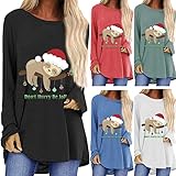 HNOFIQNF Langarmshirt Damen Weihnachten Tunika Oberteil Frauen Rentier Weihnachtspulli Pullover Sweatshirt Elch Drucken Pulli Langarm T-Shirt Christmas Shirts Hirsch Bedrucktes Bluse Top