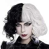 Yulefly Halb Schwarz Halb Weiß Perücke Damen Kurz Lockig Haar mit Pony Cosplay Wig Bob Perücke für Halloween Karneval und Party Fancy D