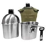 Goetland Edelstahl US Feldflasche Wasserflasche Trinkflasche 1L mit 0,5 L Becher Stofftasche für Camping Wandern Überleb