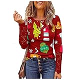 Winter Pullover Damen Christmas Langarmshirt Elegant Spitze Spleißen Langarm Slim Fit Henley Shirt Basic Pulloverpullis Weihnachtsbaum Motiv Oberteile Rundhalsausschnitt Pullover D