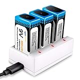 9V Block Batterien, Keenstone 3 Stück PP3 Li-Ion 800mAh Wiederaufladbare Akku mit 3Slots Ladegerät, USB Ladekabel für Tastatur Mikrofon R