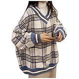 Pullover Tops Damen V-Ausschnitt Sweet Plaid Sweatershirt Loose Long Sleeve (XXL,blau)