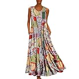 YEBIRAL Große Größe Damen Lange Kleid Beiläufige Lose Vintage Sommerkleid Leinen Kleider Maxikleid Strandkleid Gr.S-5XL(XXXXXL,Mehrfarbig)