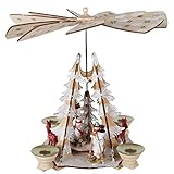 Weihnachts-Pyramide Schneemänner, Rehe in Winterlandschaft, H: 20cm, natur / weiß, handbemalt im Erzgebirg