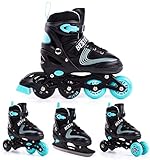 BESTIF Inliner für Kinder und Erwachsene Inline Skates 4in1 Rollschuhe Schlittschuhe Verstellbar (Schwarz-Türkis, 34-37)