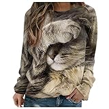 SSLLM Damen Langarm Oberteil Rundhals Casual Lose Tunika Bluse Niedlich Katze 3D Drucken Langarmshirt Pullover für Frauen Mode Lustig Gedruckt Longshirt Damenblusen Freizeit Tshirt Hemdb