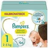 Pampers Baby Windeln Größe 1 (2-5kg) Premium Protection, Newborn, 96 Stück, HALBMONATSBOX, bester Komfort und Schutz für empfindliche H