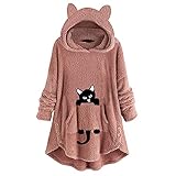 CHUNT Kapuzenpullover Damen Langarm Katzenohr Hoodies Pullover Fleece Niedlich Bedrucktes Oberteil Knopftaschen Sweatshirts Top