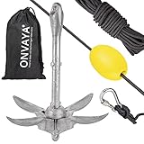 ONVAYA® Bootsanker | 1,5 kg | Klappanker | Set inklusive Ankerleine mit Karabiner, Ankerboje und Transportbeutel | Faltanker | Anker für Boot, Schlauchboot, SUP, Kajak,