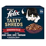 FELIX Tasty Shreds Katzenfutter nass in Sauce, Geschmacksvielfalt vom Land, 6er Pack (6 x 10 x 80g)